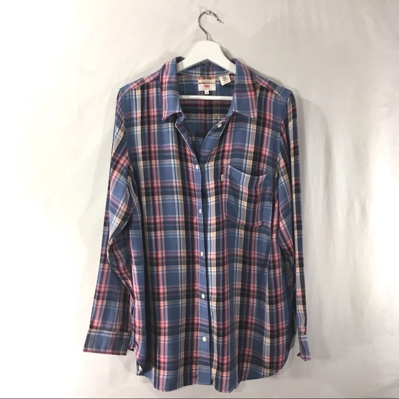 LEVI'S Button Plaid Shirt Boyfriend Fit Plus Blue - Picture 5 of 8